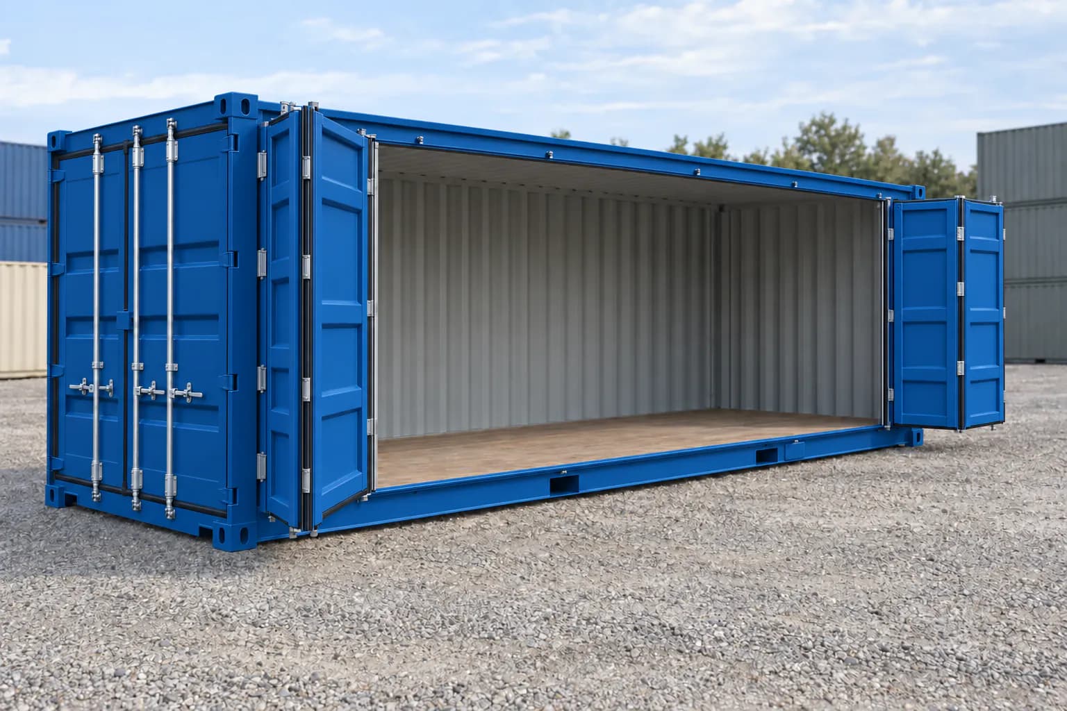 Container 20 piedi Open Side primo viaggio blu genziana RAL 5010