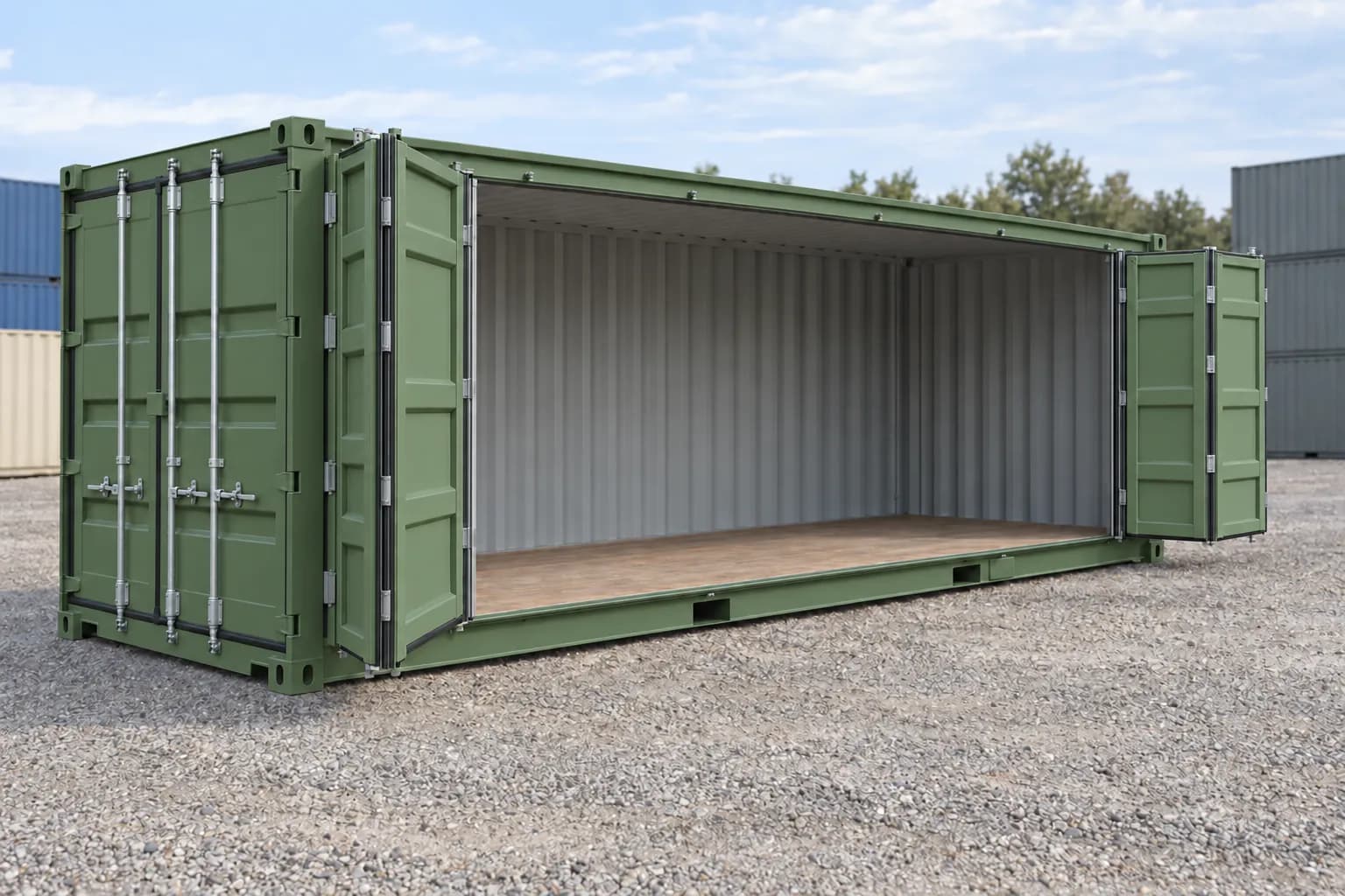Container 20 piedi Open Side primo viaggio verde reseda RAL 6011