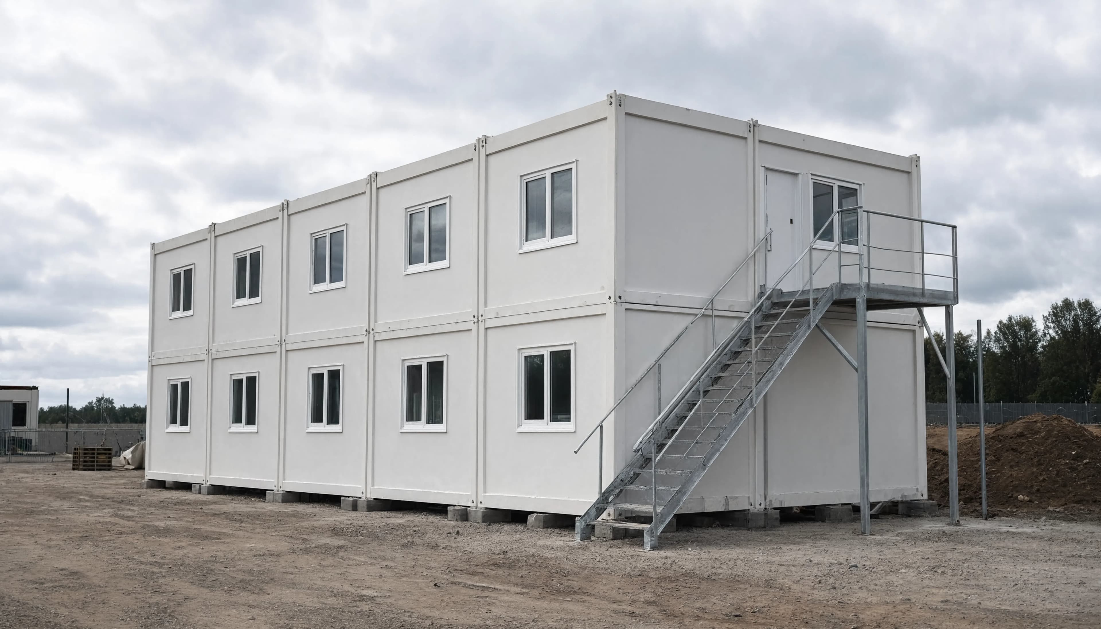 Immagine di un campo base di cantiere modulare con uffici e scala esterna su un cantiere