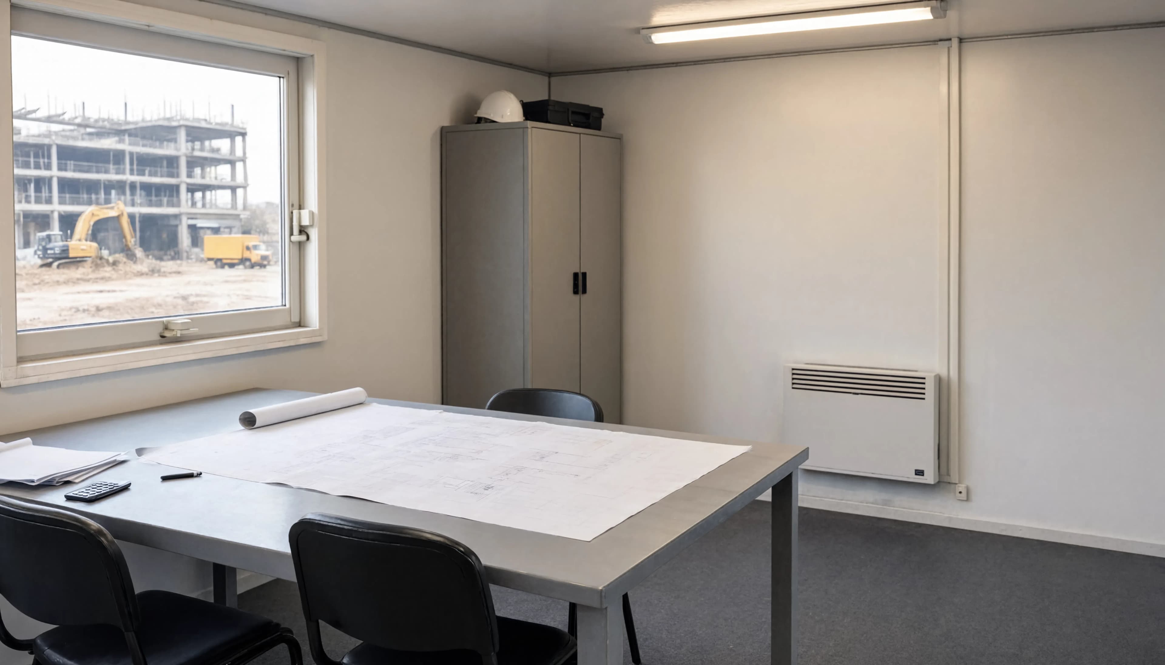 Illustrazione di uno spazio di lavoro modulare con arredi, finestra e riscaldamento; allestimento da definire per ogni container.