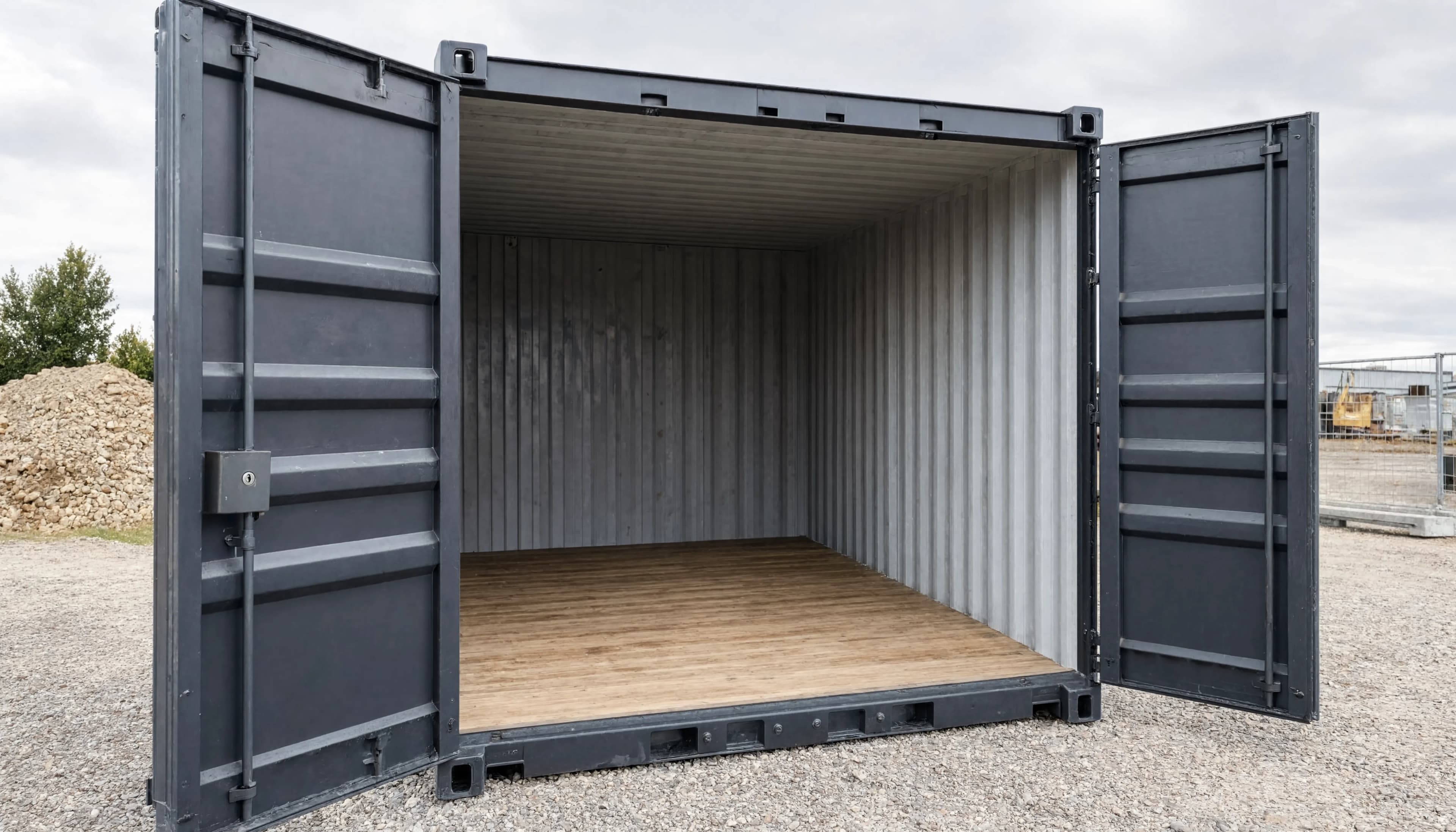 Illustrazione di un container a porte aperte, con pavimento e pareti visibili