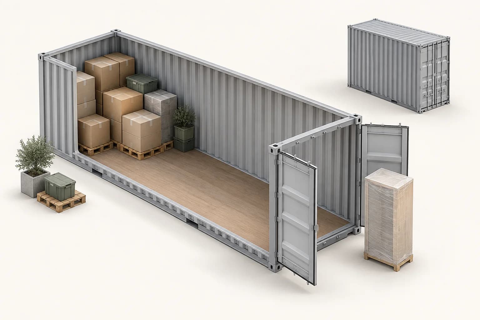Illustrazione di un container aperto con scatole, pallet e un oggetto da misurare prima del carico