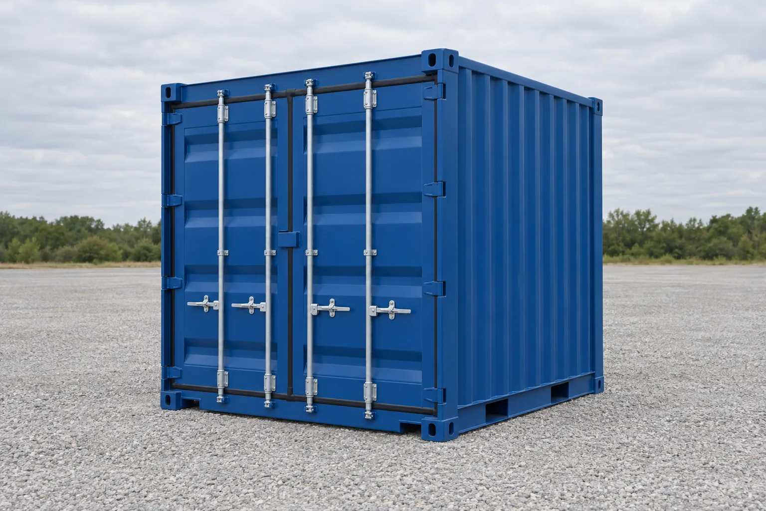 Illustrazione di un container marittimo da 10 piedi blu visto di tre quarti, corto e quasi tanto alto quanto lungo, porte chiuse. Dimensioni indicate: altezza 2,59 m, larghezza 2,44 m, lunghezza 2,99 m