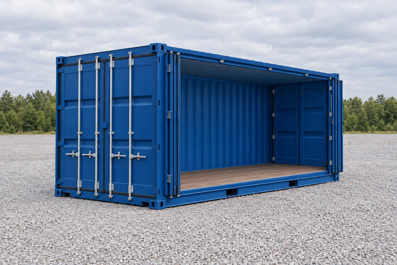 Illustrazione di un container da 20 piedi Open Side blu visto di tre quarti, lato lungo aperto, interno vuoto e pavimento in legno. Dimensioni indicate: altezza 2,59 m, apertura laterale ≈ 5,90 m