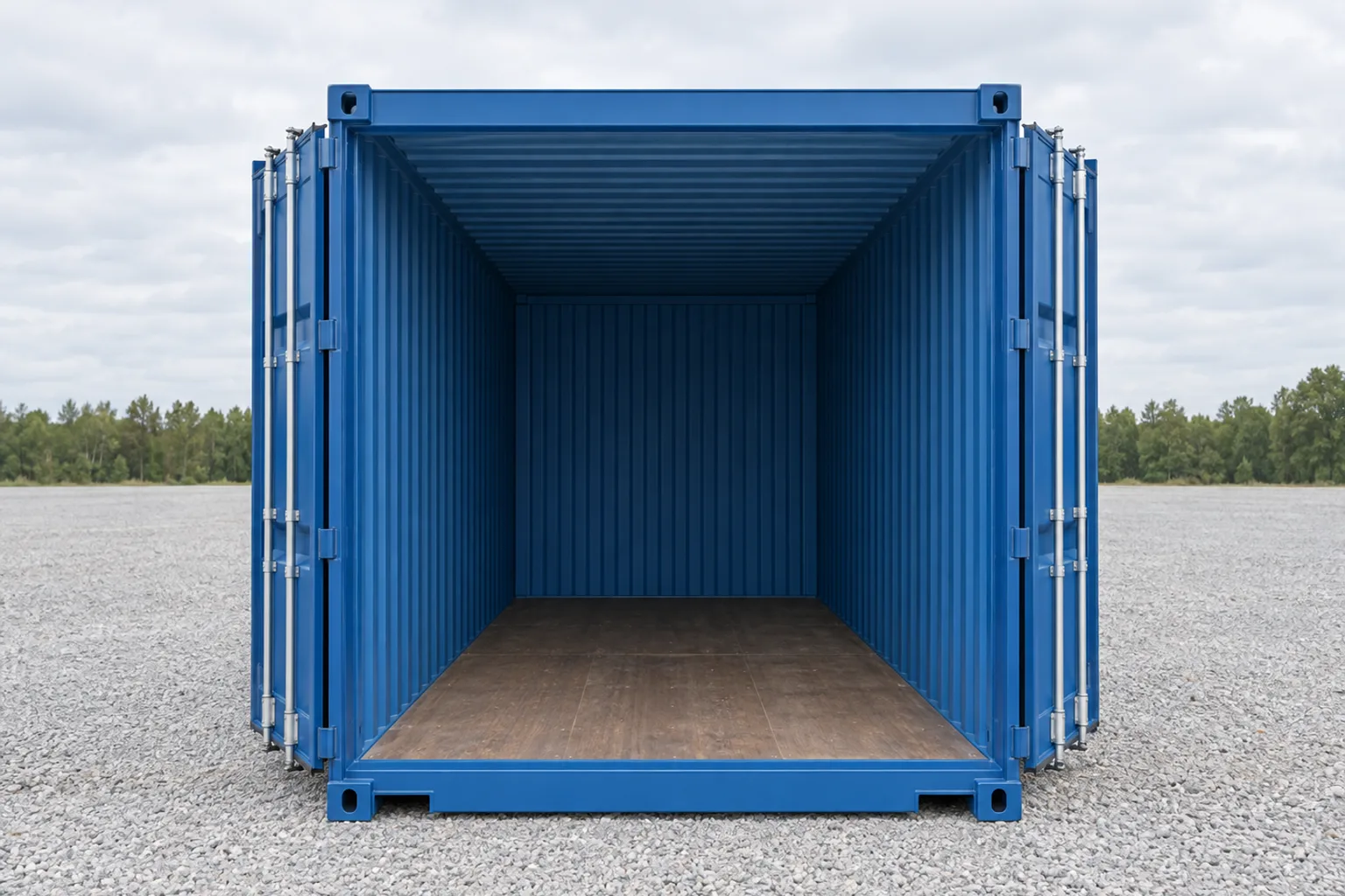 Illustrazione di un container da 20 piedi standard blu visto di fronte, con le due porte aperte su un interno vuoto con pavimento in legno. Dimensioni indicate: larghezza apertura porta 2,34 m, altezza apertura porta 2,29 m