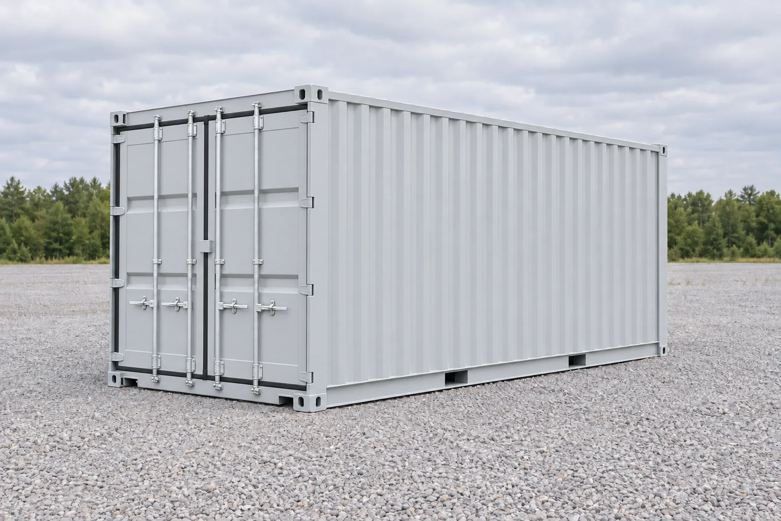 Illustrazione di un container marittimo da 20 piedi primo viaggio grigio chiaro, con vernice nuova, visto di tre quarti, porte chiuse. Dimensioni indicate: altezza 2,59 m, larghezza 2,44 m, lunghezza 6,06 m