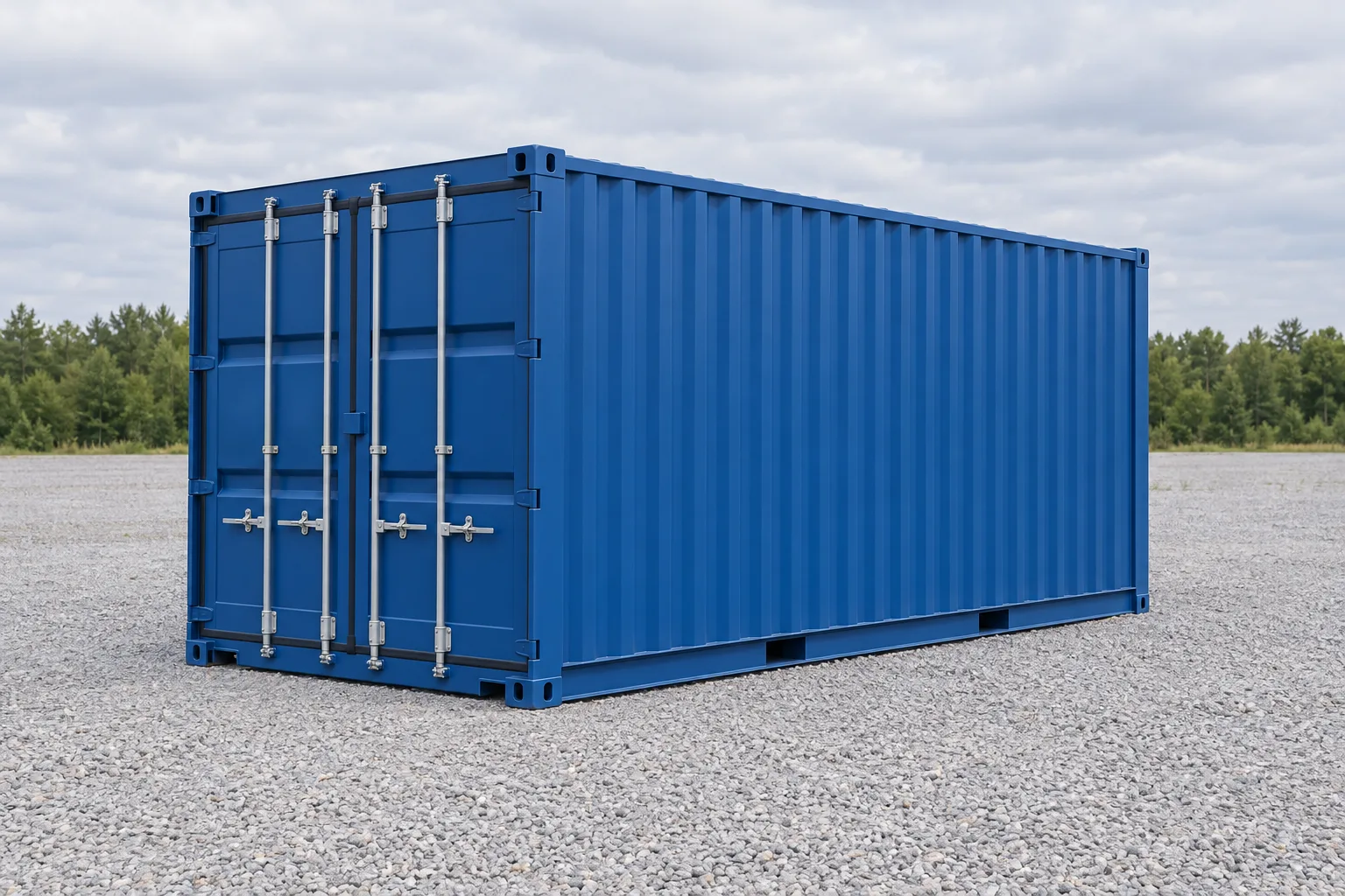 Illustrazione di un container marittimo da 20 piedi standard blu visto di tre quarti, porte chiuse, posato su un piazzale in ghiaia. Dimensioni indicate: altezza 2,59 m, larghezza 2,44 m, lunghezza 6,06 m