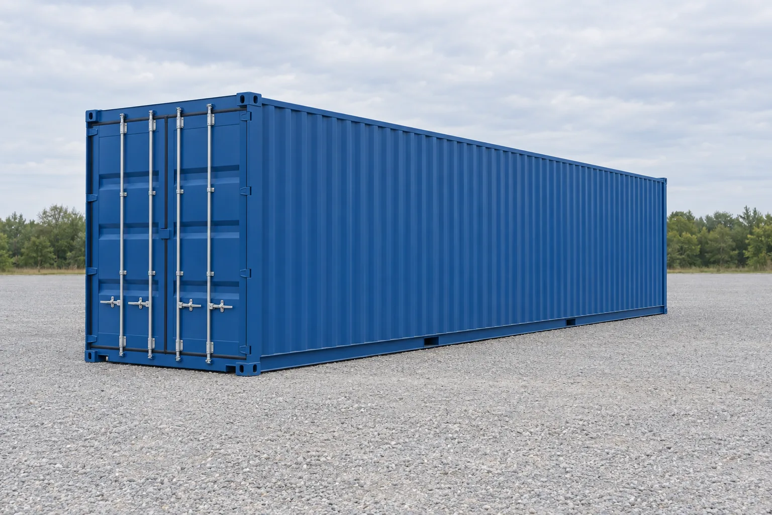 Illustrazione di un container marittimo da 40 piedi High Cube blu, più alto di uno standard, visto di tre quarti, porte chiuse. Dimensioni indicate: altezza 2,90 m, lunghezza 12,19 m