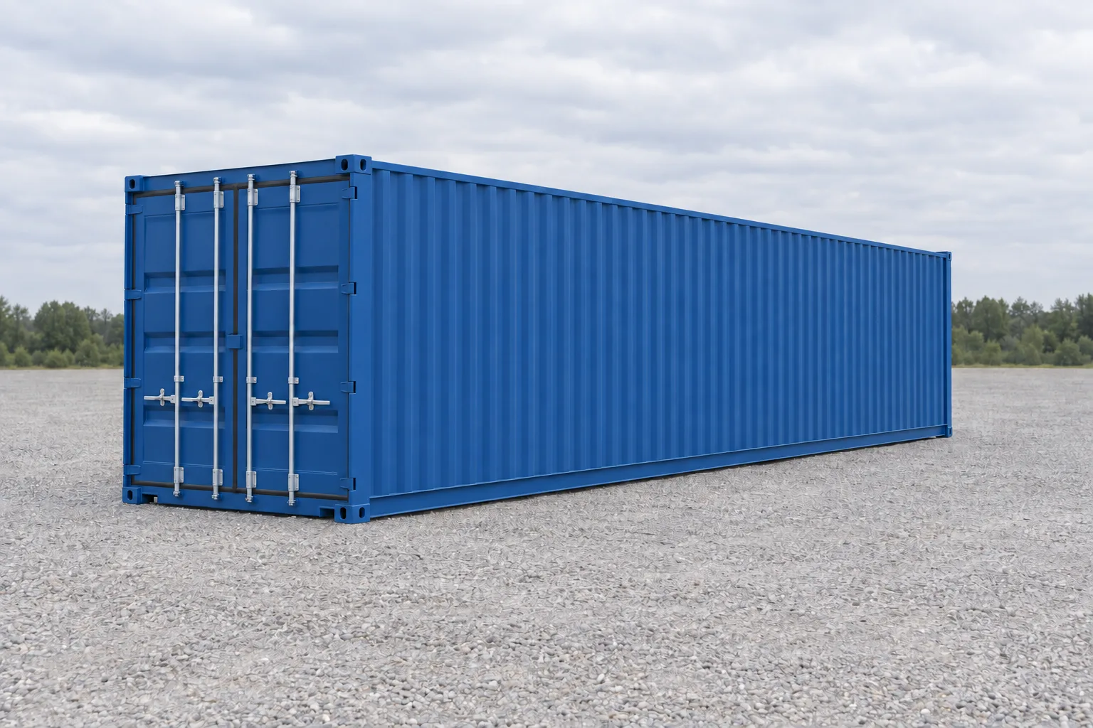 Illustrazione di un container marittimo da 40 piedi standard blu visto di tre quarti, porte chiuse e fiancata lunga in lamiera ondulata. Dimensioni indicate: altezza 2,59 m, larghezza 2,44 m, lunghezza 12,19 m