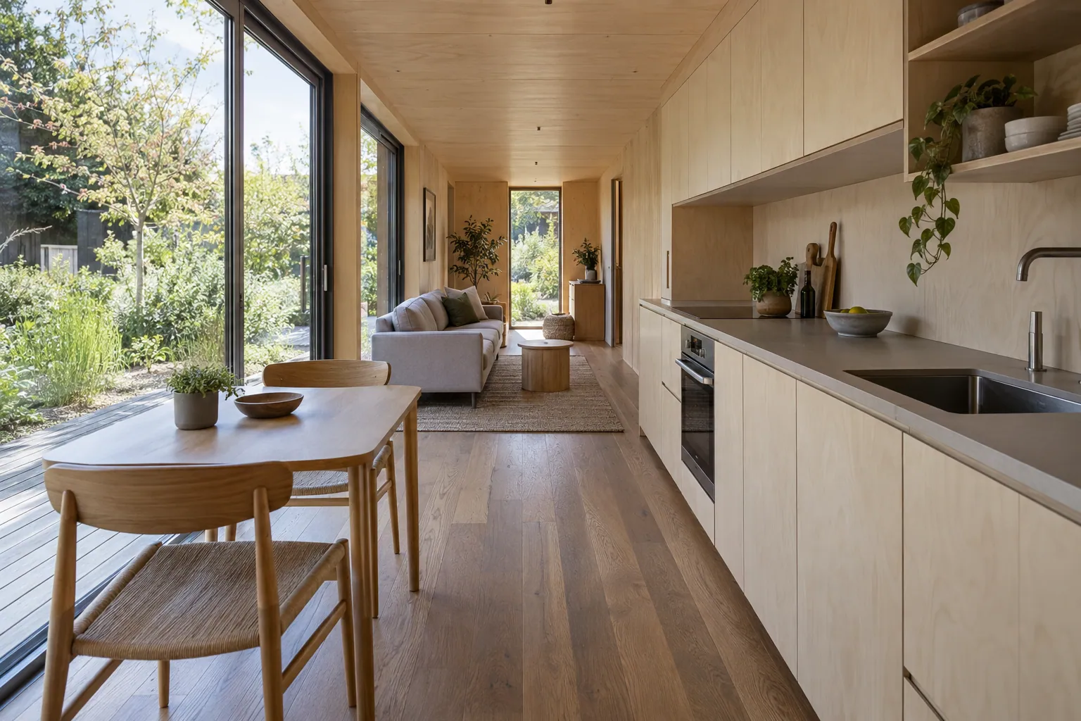 Illustrazione dell’interno di una casa container: zona giorno e cucina in linea, pareti in legno chiaro, ampia vetrata aperta sul giardino