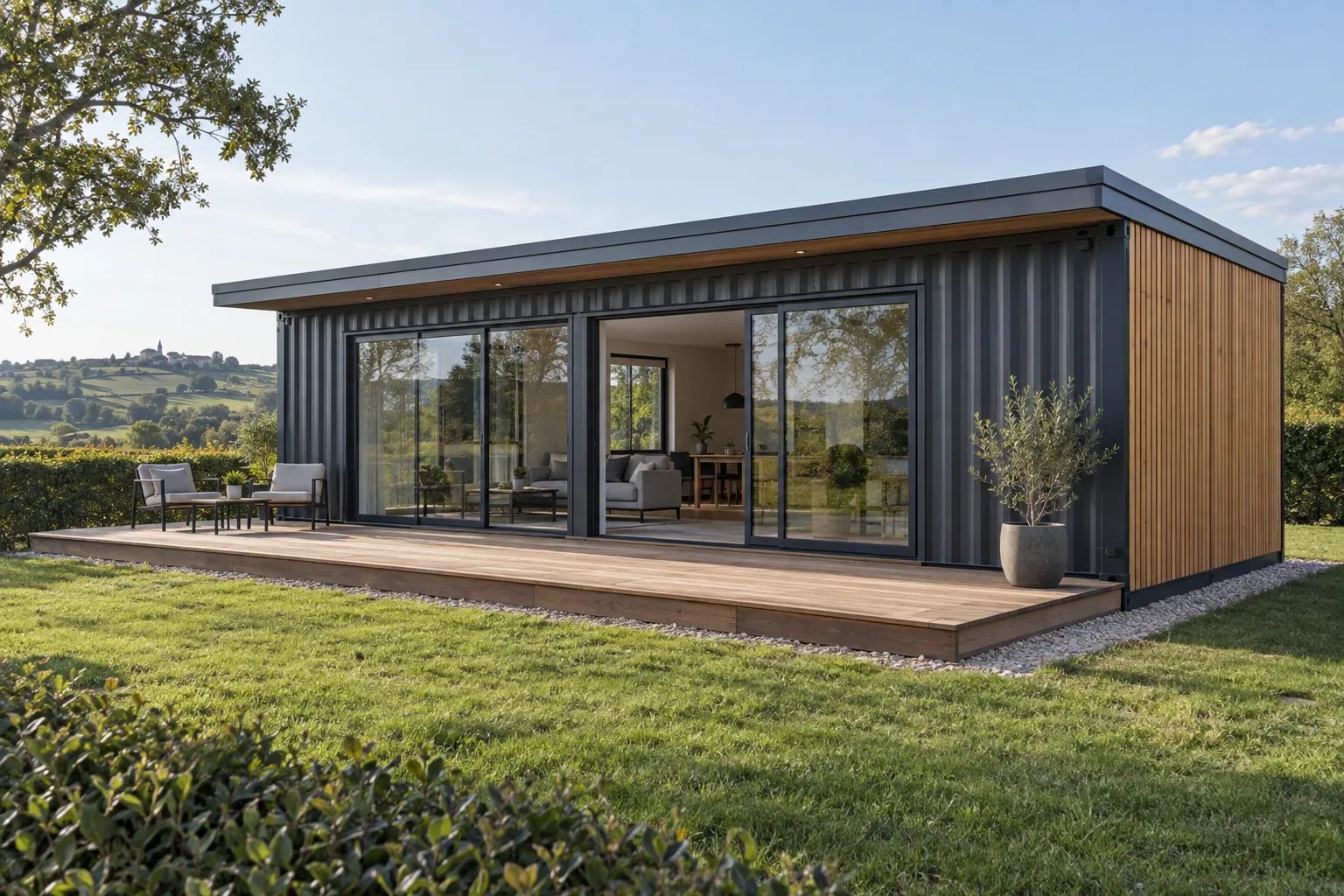 Illustrazione di una casa container di un solo piano realizzata con container grigio antracite, con grandi vetrate, rivestimento in legno e una terrazza su un terreno in campagna