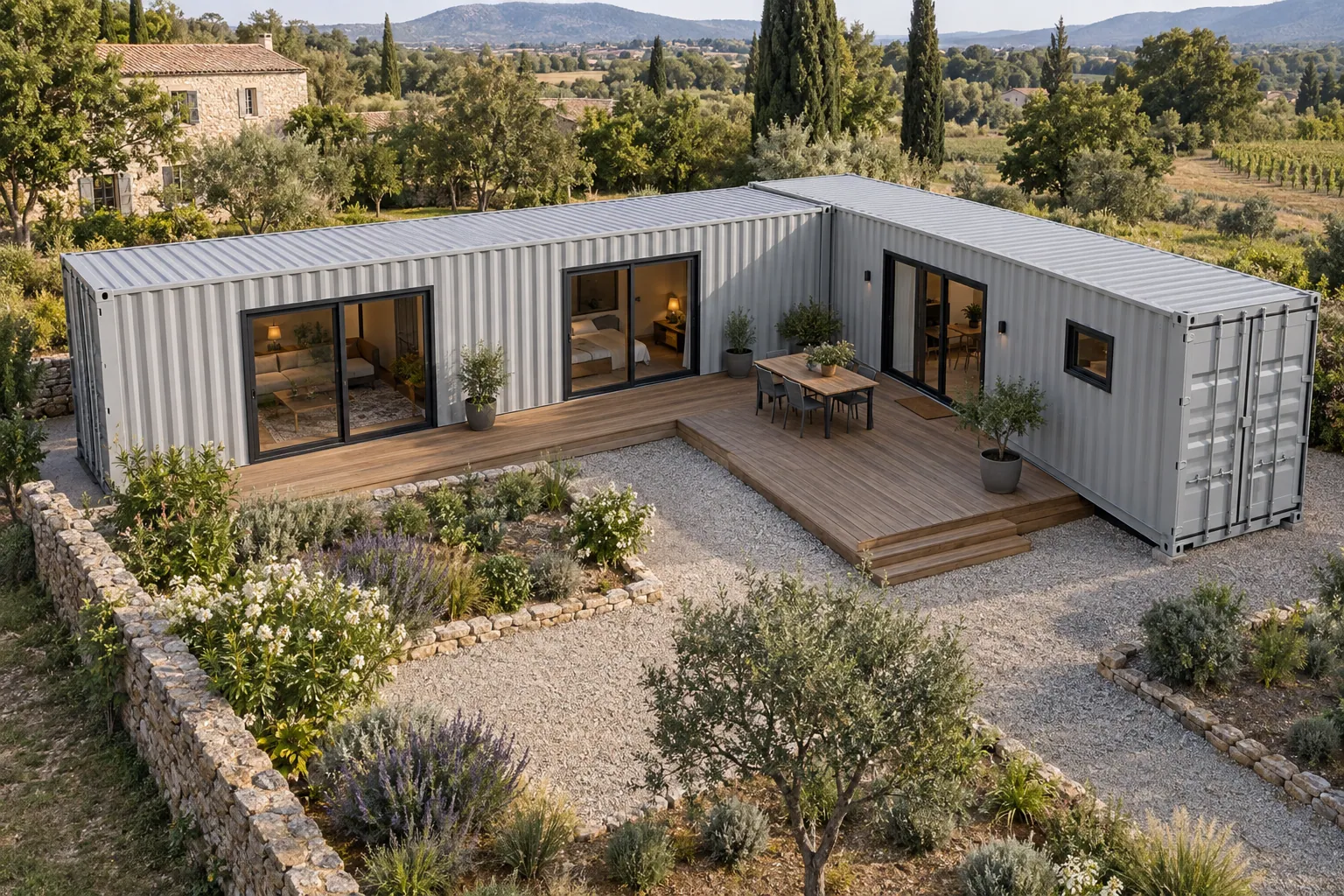 Illustrazione dall’alto di una casa container a L, con container grigio chiaro attorno a una terrazza in legno, in un giardino mediterraneo