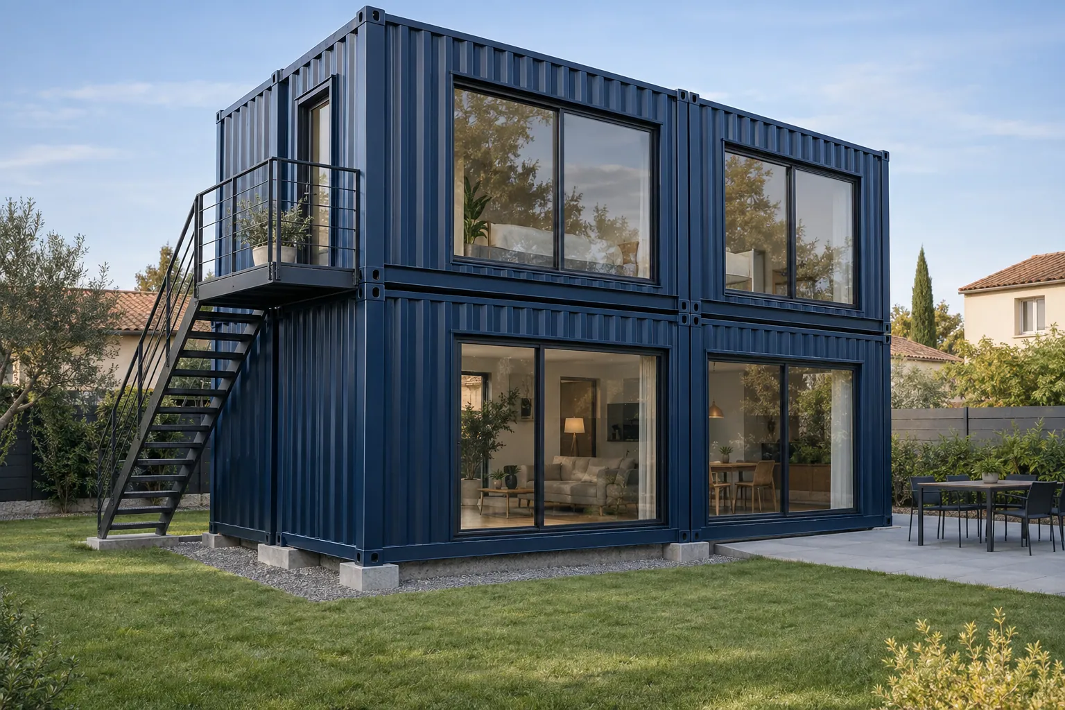 Illustrazione di una casa container su due livelli, con container blu scuro impilati, grandi finestre, scala esterna in metallo e balcone, su un terreno in lottizzazione