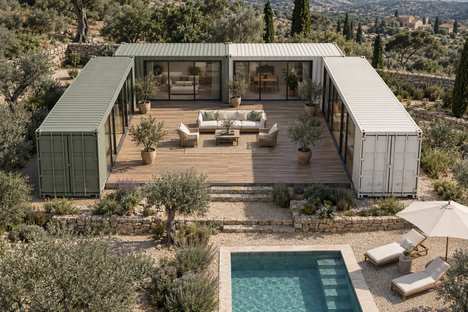 Illustrazione dall’alto di una casa container a U, con container verdi e bianchi attorno a un patio in legno e una piscina in primo piano