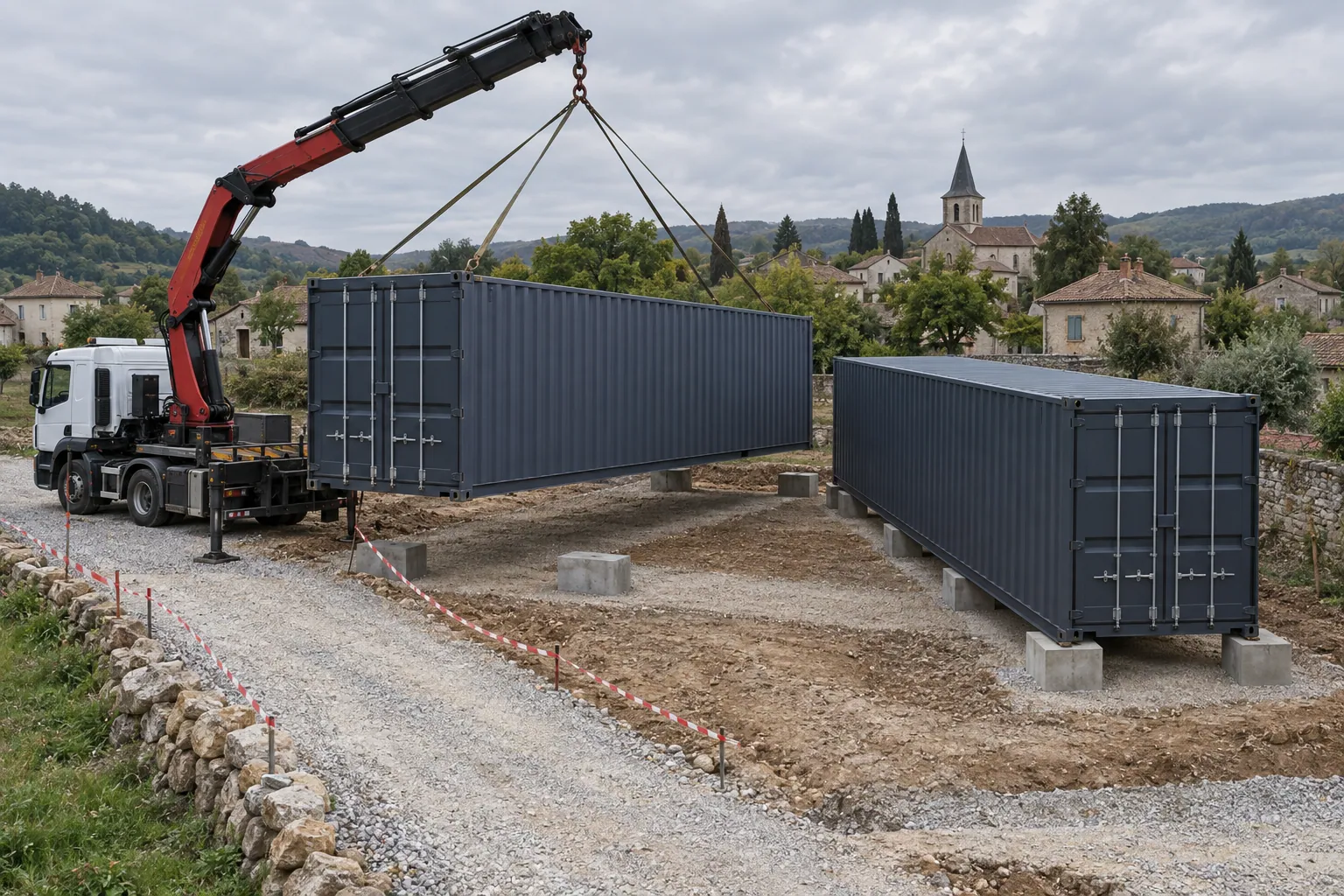 Illustrazione della consegna di un container su un terreno edificabile: un camion gru lo posa su plinti di fondazione in calcestruzzo, un secondo container è già posato
