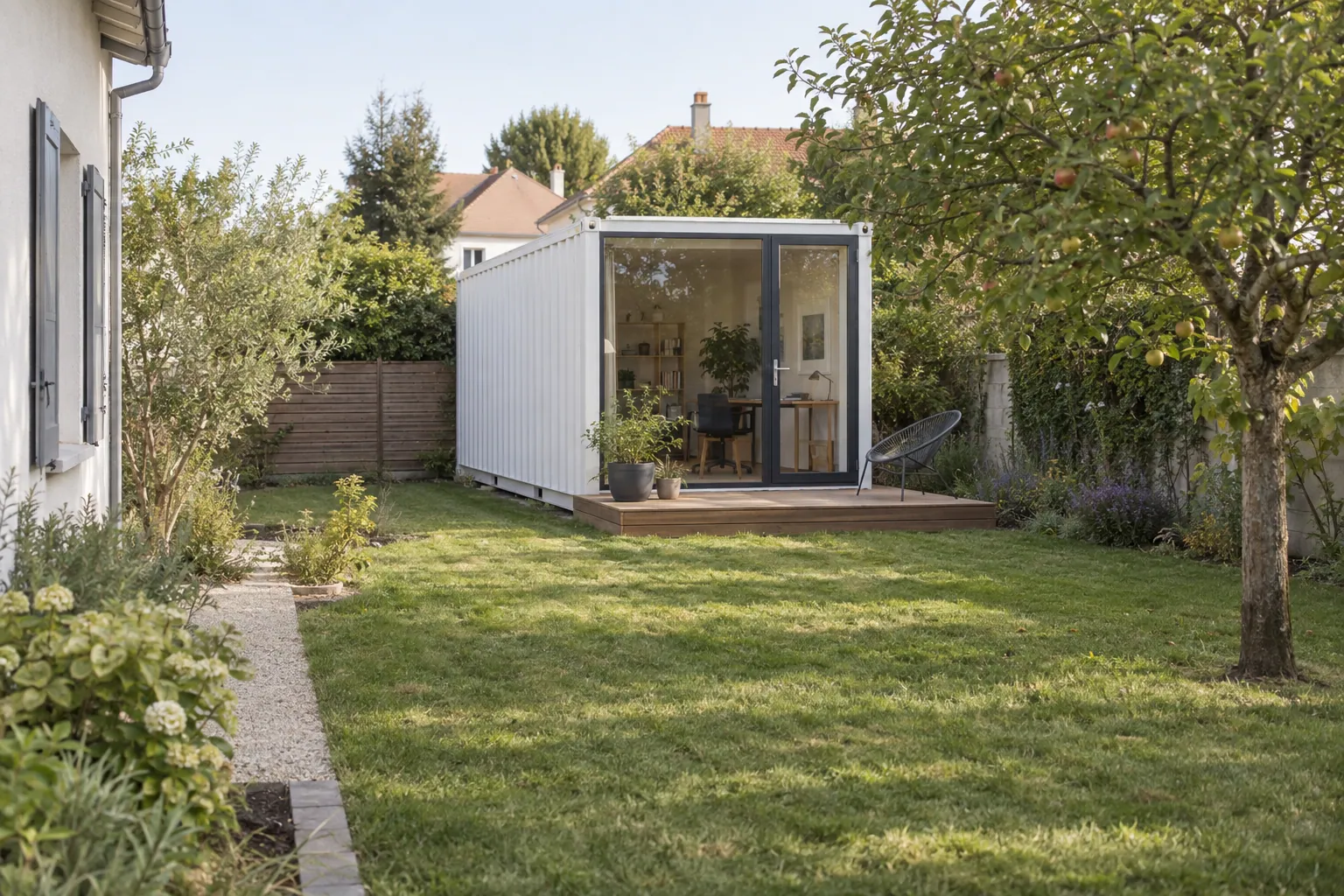 Illustrazione di uno studio da giardino in un container bianco, con facciata vetrata e piccola terrazza in legno, in fondo al giardino di una casa